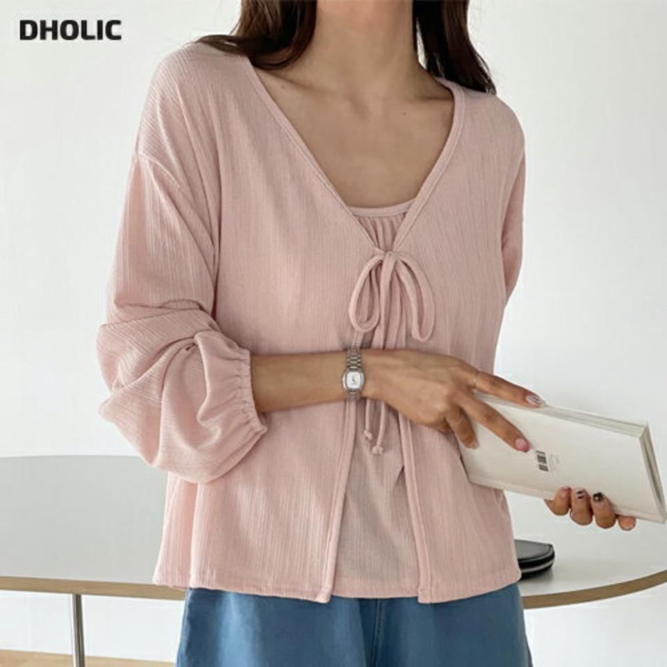 【10%OFF】リブキャミ&リボンカーディガンSET・t00624 レディース 【tops】 韓国ファッション アンサンブル キャミソール リブ ギャザー ラウンドネック セミクロップド カーディガン Vネック リボン 長袖 ルーズフィット 無地 ラブリー 春 夏 カジュアル kw