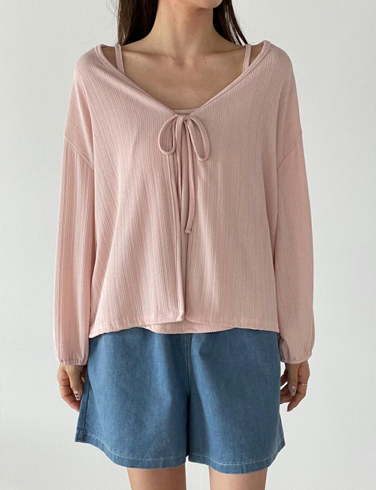 【10%OFF】リブキャミ&リボンカーディガンSET・t00624 レディース 【tops】 韓国ファッション アンサンブル キャミソール リブ ギャザー ラウンドネック セミクロップド カーディガン Vネック リボン 長袖 ルーズフィット 無地 ラブリー 春 夏 カジュアル kw