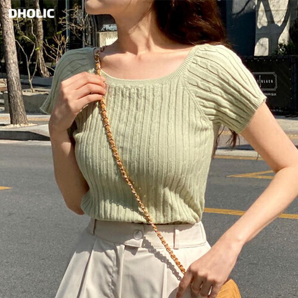 スクエア半袖ケーブルニット・t00416 レディース 【tops】 韓国ファッション トップス ニット スクエアネック 半袖 クロップド ケーブルニット スリムフィット 細身 無地 パステル シンプル キュート デイリー 春 夏 カジュアル