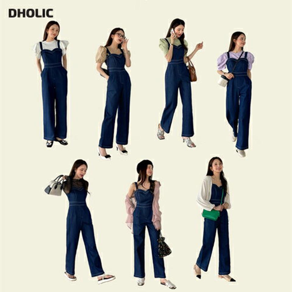 ハートネックステッチデニムオールインワン・b00619 レディース 【pt】 韓国ファッション オールインワン パンツ ハートネック ロング丈 ノースリーブ デニム ステッチ ストレート コットン混 無地 シンプル ガーリー キュート 春 夏 カジュアル