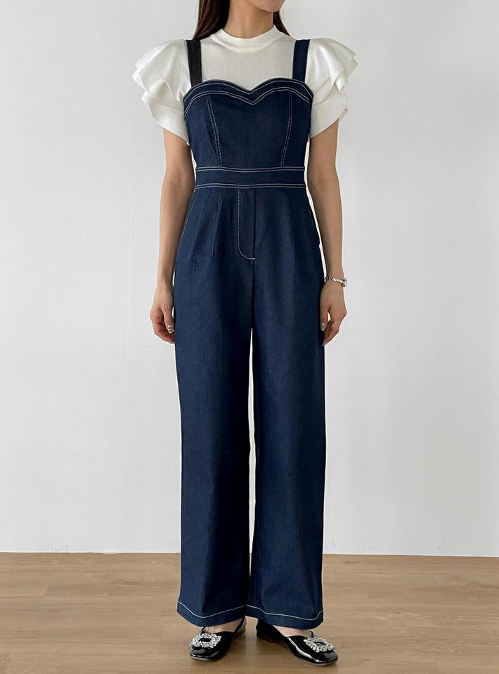 ハートネックステッチデニムオールインワン・b00619 レディース 【pt】 韓国ファッション オールインワン パンツ ハートネック ロング丈 ノースリーブ デニム ステッチ ストレート コットン混 無地 シンプル ガーリー キュート 春 夏 カジュアル