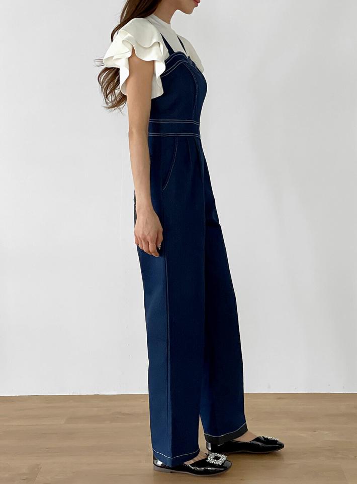 ハートネックステッチデニムオールインワン・b00619 レディース 【pt】 韓国ファッション オールインワン パンツ ハートネック ロング丈 ノースリーブ デニム ステッチ ストレート コットン混 無地 シンプル ガーリー キュート 春 夏 カジュアル