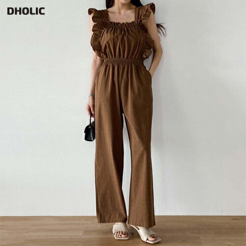 フリルギャザーオールインワン・t00628 レディース 【pt】 韓国ファッション オールインワン パンツ ロング丈 スクエアネック ノースリーブ フリルスリーブ ギャザー ワイド コットン混 無地 大人 お出かけ キュート 春 夏 カジュアル