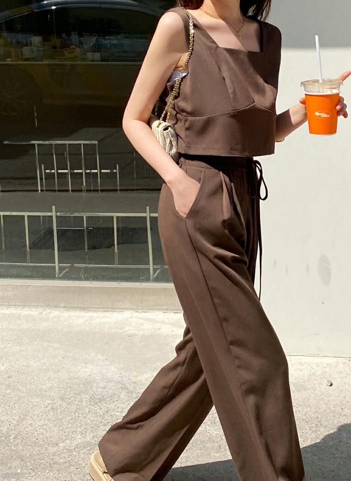 スクエアノースリーブ&リボンスラックスSET・t00422 レディース 【pt】 韓国ファッション セットアップ ノースリーブ スクエアネック クロップド パンツ スラックス ロング丈 フルレングス ハイウエスト リボン ルーズ 無地 SET 春 夏 カジュアル