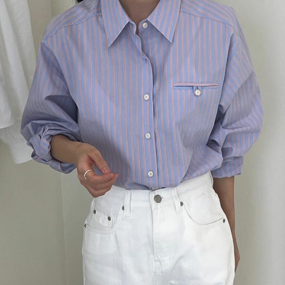 テンセル混ボタンストライプシャツ・p003821 レディース 【bl】シャツ トップス 長袖 柄 模様 総柄 ストライプ テンセル混 ルーズ カジュアル ラフ 秋 春 爽やか パステル かわいい 可愛い 韓国ファッション MKT