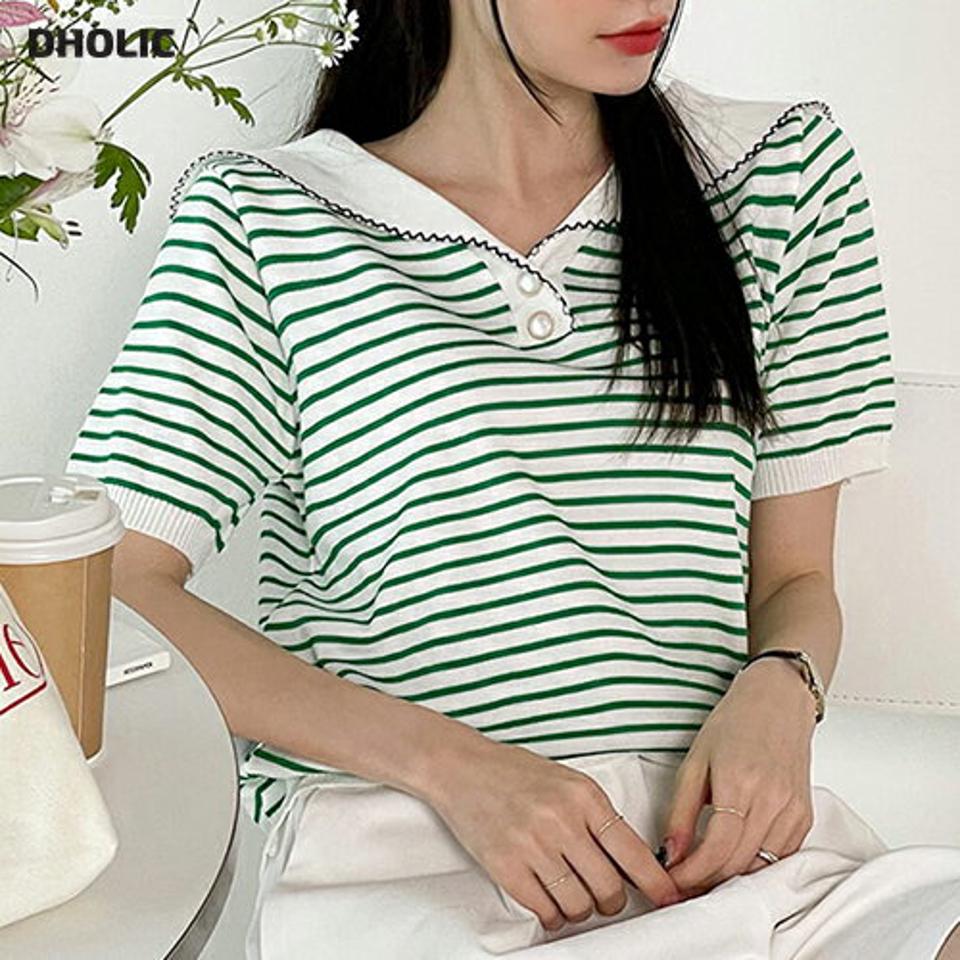 セーラーカラーボタンボーダーニット・b00446 レディース 【tops】 韓国ファッション トップス ニット カラーネック セーラーカラー 半袖 クロップド ハーフボタン ボーダー ナチュラルライン キュート ラブリー お出かけ デイリー 春 夏 カジュアル