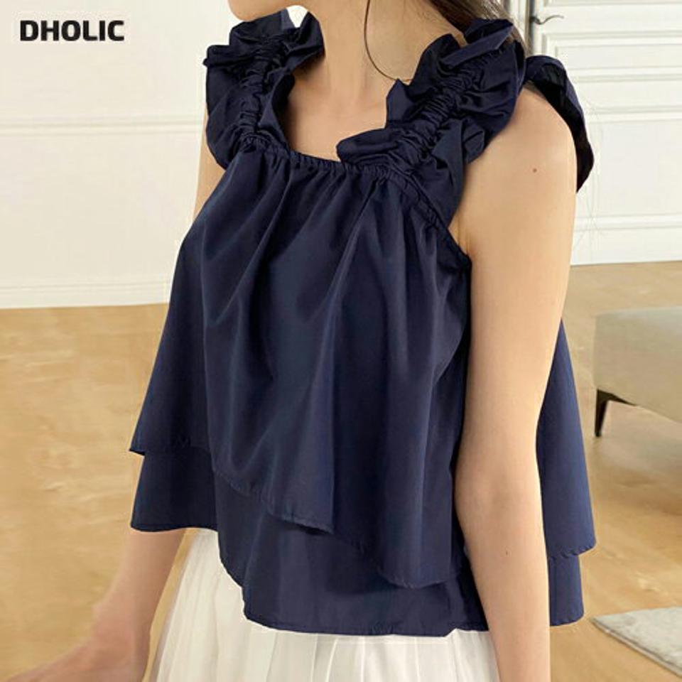 フリルストレッチノースリーブ・t00447 レディース 【tops】 韓国ファッション トップス スクエアネック ノースリーブ クロップド フリル ストレッチ ダブルフリル フレア ギャザー Aライン ゆったり 無地 ガーリー お出かけ 春 夏 カジュアル