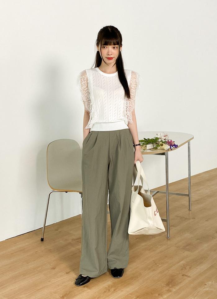 ツータックナイロンパンツ・t00460 レディース 【pt】 韓国ファッション ボトムス パンツ ロング丈 フルレングス ハイウエスト ツータック ワイド ルーズフィット ナイロン 無地 シンプル ストレート ベーシック デイリー 春 夏 カジュアル