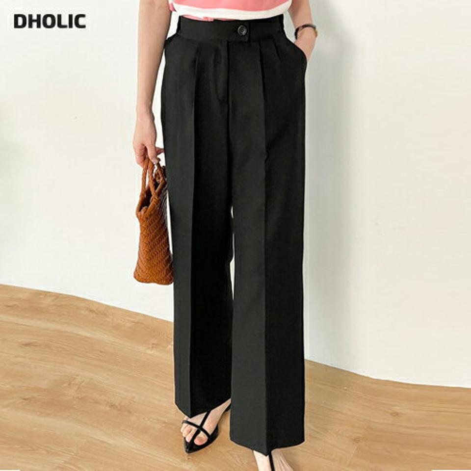 ツータックワイドスラックス・t00463 レディース 【pt】 韓国ファッション ボトムス パンツ スラックス ロング丈 ハイウエスト ボタン ツータック センタープレス ワイド ストレート 無地 シンプル モード ベーシック デイリー 春 夏 カジュアル