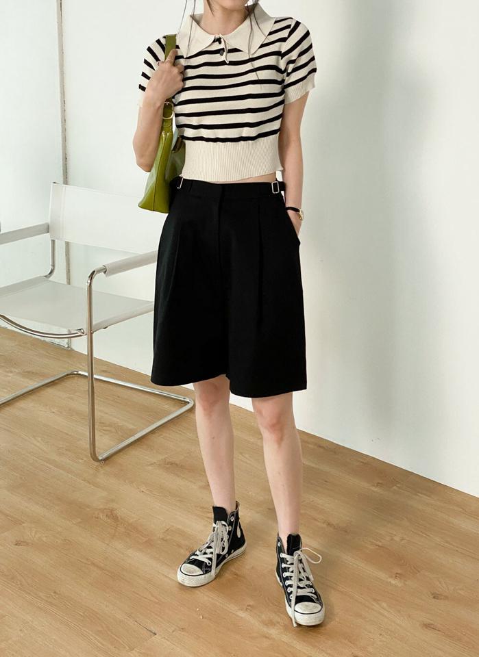 サイドベルトハーフパンツ・t00464 レディース 【pt】 韓国ファッション ボトムス パンツ ハーフパンツ ハイウエスト サイドベルト バミューダ ワイド ゆったり 無地 シンプル 大人カジュアル モード デイリー 春 夏 カジュアル