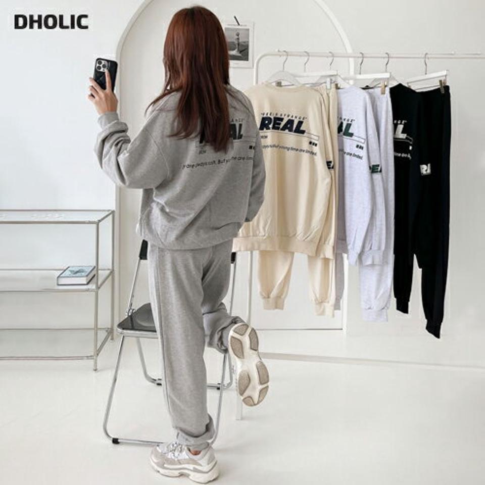 【マラソン特価】REALスウェット&ジョガーパンツSET・p004419 レディース 【pt】セットアップ セット setup スウェット トレーナー 長袖 柄 模様 ロゴ ドロップショルダー オーバー ルーズ パンツ ロング丈 ワイド 秋 冬 カジュアル ストリート 韓国ファッション MKT セール