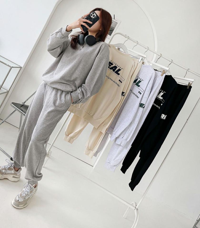 【マラソン特価】REALスウェット&ジョガーパンツSET・p004419 レディース 【pt】セットアップ セット setup スウェット トレーナー 長袖 柄 模様 ロゴ ドロップショルダー オーバー ルーズ パンツ ロング丈 ワイド 秋 冬 カジュアル ストリート 韓国ファッション MKT セール