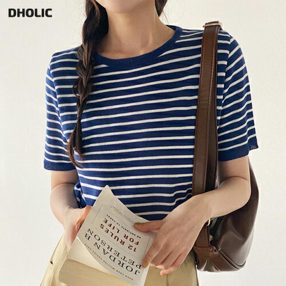 ボーダーラウンド半袖ニット・b00500 レディース 【tops】 韓国ファッション トップス ニット ラウンドネック 半袖 クロップド ボーダー アクリル ナチュラルライン シンプル ベーシック デイリー 大人カジュアル 春 夏 カジュアル