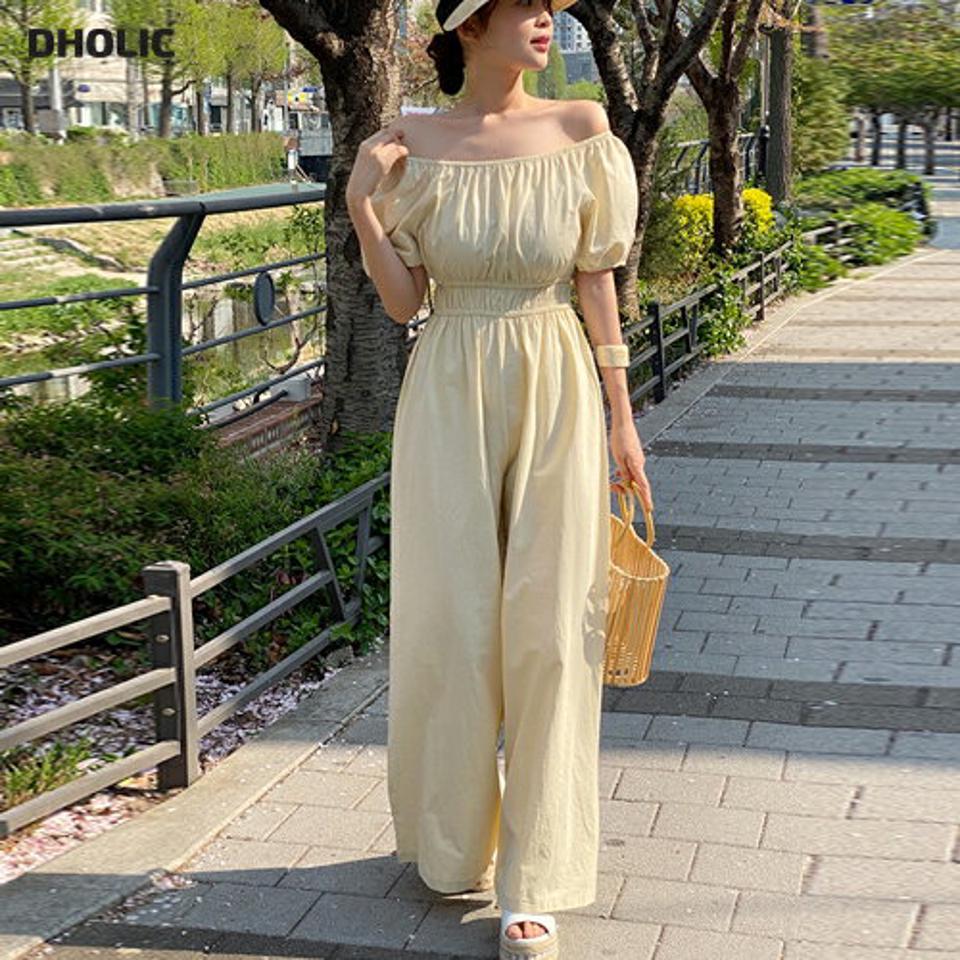 イージーワイドオールインワン・t00527 レディース 【pt】 韓国ファッション オールインワン パンツ ロング丈 オフショルダー 半袖 パフ袖 イージー ウエストゴム ギャザー コットン昆 無地 お出かけ ガーリー デイリー 春 夏 カジュアル