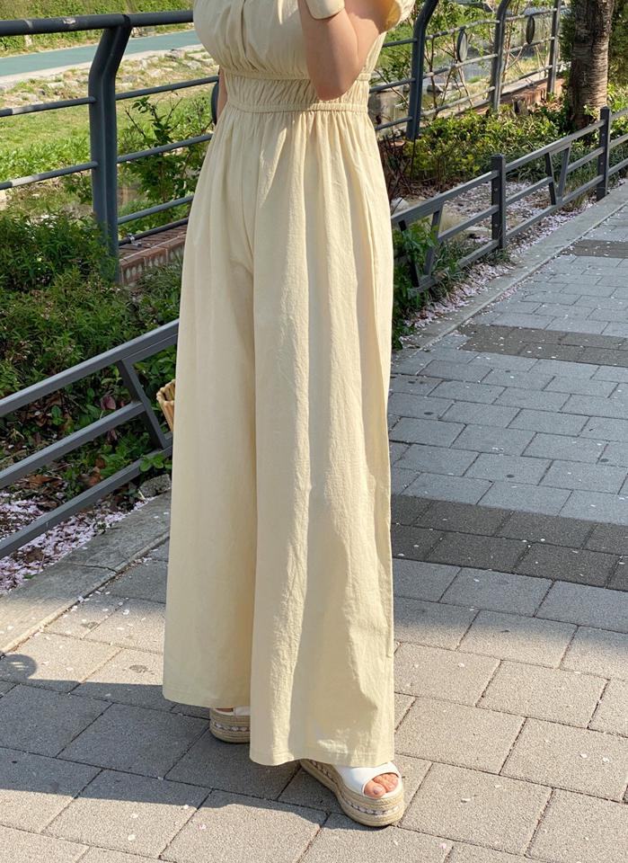 イージーワイドオールインワン・t00527 レディース 【pt】 韓国ファッション オールインワン パンツ ロング丈 オフショルダー 半袖 パフ袖 イージー ウエストゴム ギャザー コットン昆 無地 お出かけ ガーリー デイリー 春 夏 カジュアル