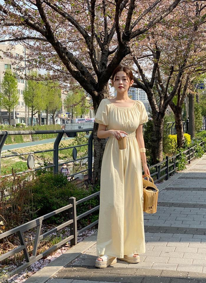 イージーワイドオールインワン・t00527 レディース 【pt】 韓国ファッション オールインワン パンツ ロング丈 オフショルダー 半袖 パフ袖 イージー ウエストゴム ギャザー コットン昆 無地 お出かけ ガーリー デイリー 春 夏 カジュアル