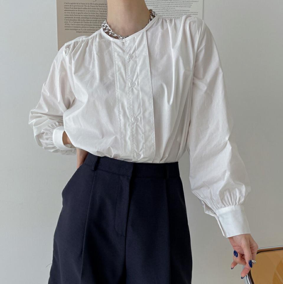 【マラソン特価】ショルダーギャザーカフスブラウス・p004372 レディース 【bl】ブラウス トップス 長袖 単色 無地 シンプル ベーシック ギャザー カフス かわいい 可愛い 春 秋 キュート デイリー 韓国ファッション MKT