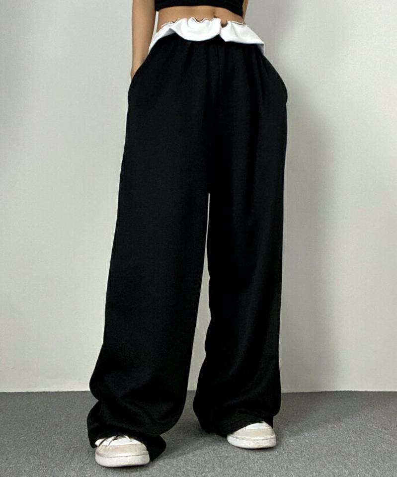 ウエスト配色スウェットパンツ・p004288 レディース 【pt】パンツ ロング丈 配色 柄 模様 モノトーン スウェット トレーナー カジュアル ラフ ゆったり 楽ちん ウエストゴム 秋 冬 春 夏 ユニーク 個性的 韓国ファッション MKT