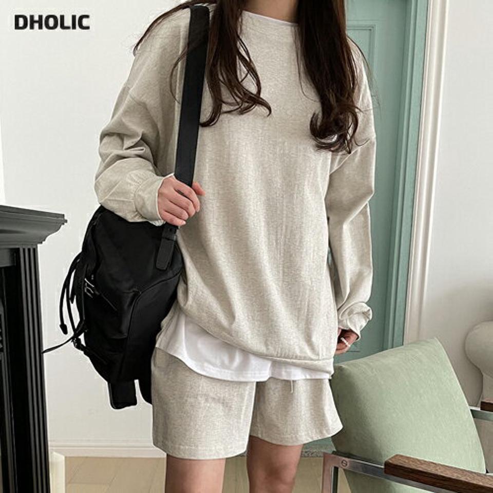 ラウンドTシャツ&ハーフパンツSET・p004231 レディース 【pt】セットアップ セット setup トップス 長袖 スウェット トレーナー Tシャツ 単色 無地 シンプル ベーシック ドロップショルダー パンツ ショート丈 秋 冬 ラフ 韓国ファッション MKT