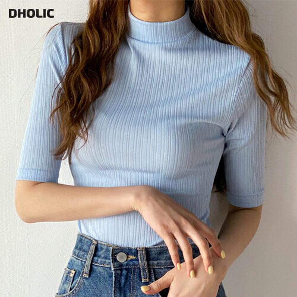 ハーフネックスリムリブTシャツ・t72125 レディース 【tops】 韓国ファッション トップス Tシャツ ハーフネック 半袖 6分袖 クロップド リブ スリムフィット タイト 細身 無地 パステル シンプル ベーシック デイリー ラブリー 春 夏 カジュアル