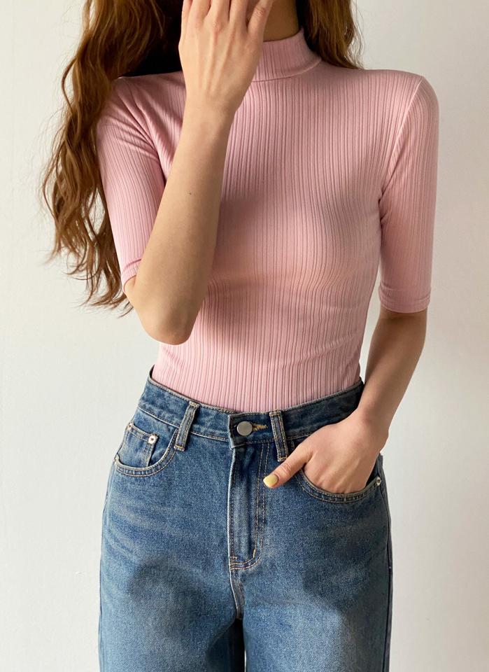 ハーフネックスリムリブTシャツ・t72125 レディース 【tops】 韓国ファッション トップス Tシャツ ハーフネック 半袖 6分袖 クロップド リブ スリムフィット タイト 細身 無地 パステル シンプル ベーシック デイリー ラブリー 春 夏 カジュアル