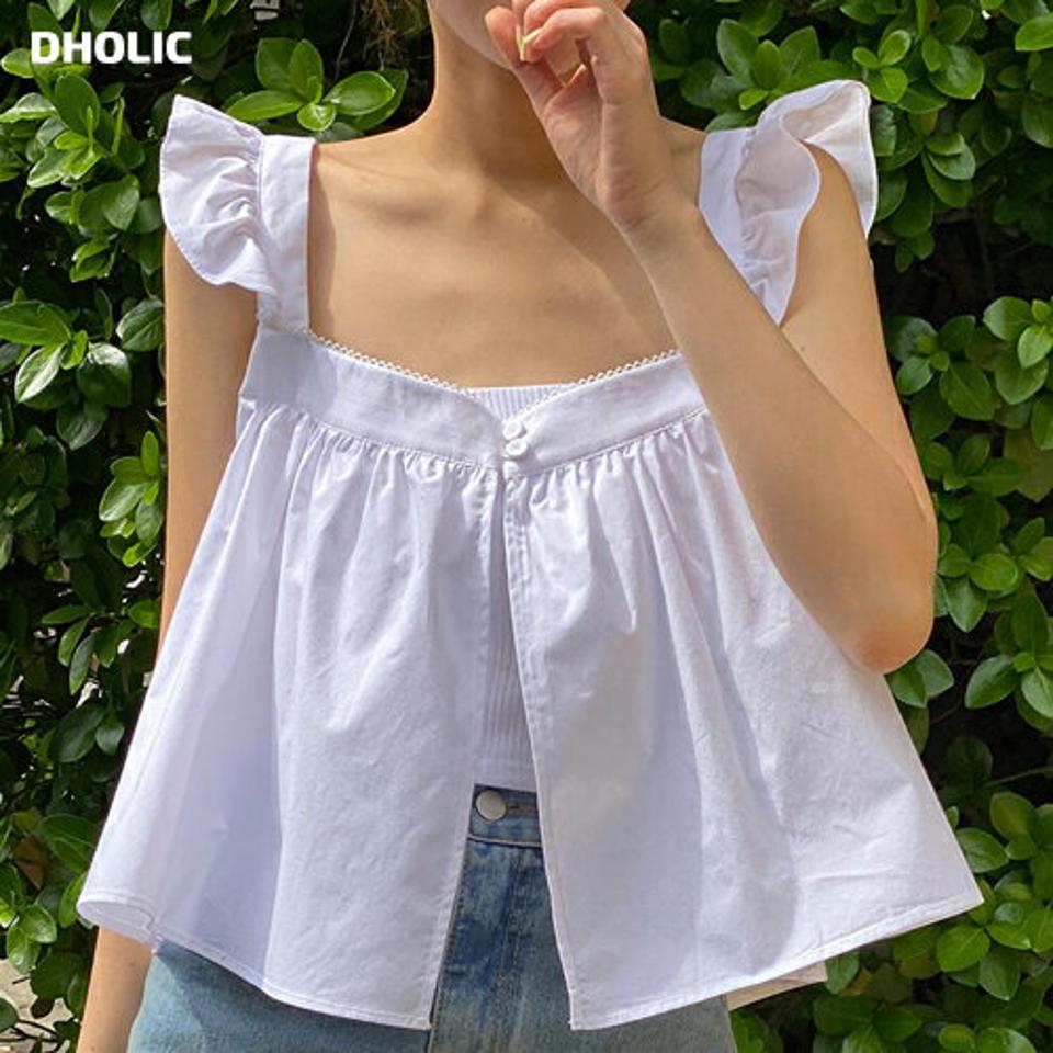 2TYPEフリルノースリーブ・t72139 レディース 【tops】 韓国ファッション トップス ノースリーブ スクエアネック フリル 2TYPE クロップド ショート フレア ギャザー ボタン リブ ボリューム コットン 無地 キュート お出かけ 春 夏 カジュアル