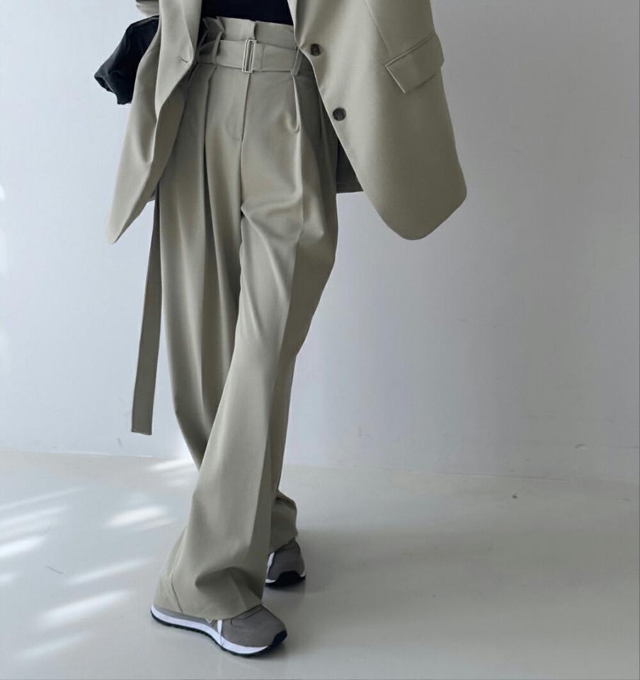 ベルト付ハイウエストスラックス・p003933 レディース 【pt】パンツ ロング丈 スラックス 単色 無地 シンプル ベーシック ベルト付き ハイウエスト タック ワイド フルレングス 春 夏 秋 冬 カジュアル 大人 かっこいい 韓国ファッション MKT