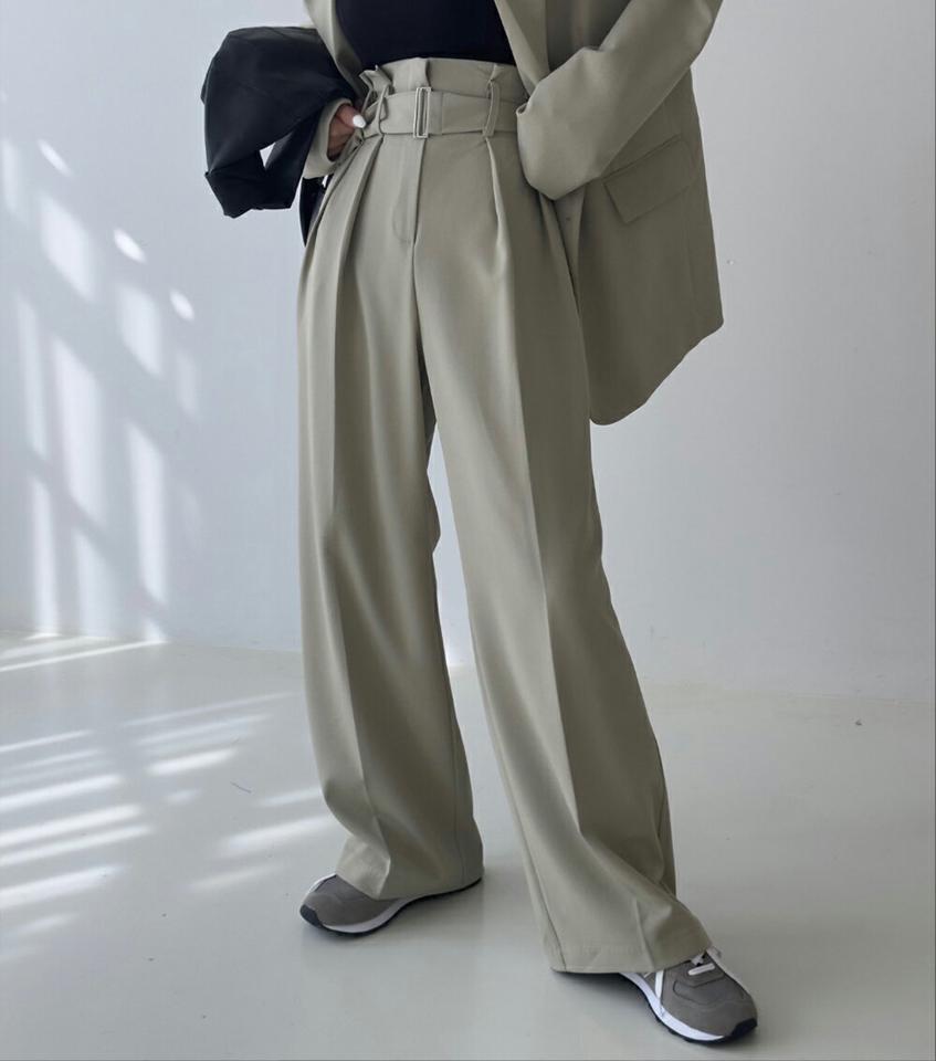 ベルト付ハイウエストスラックス・p003933 レディース 【pt】パンツ ロング丈 スラックス 単色 無地 シンプル ベーシック ベルト付き ハイウエスト タック ワイド フルレングス 春 夏 秋 冬 カジュアル 大人 かっこいい 韓国ファッション MKT