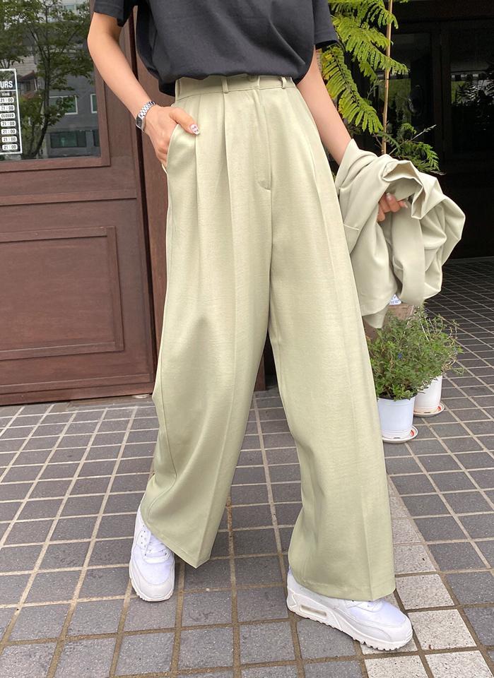 イージータックスラックス・t01032 レディース 【pt】 韓国ファッション ボトムス パンツ スラックス ロング丈 フルレングス ハイウエスト イージー バックウエストゴム タック ワイド 無地 パステル シンプル モード 春 夏 カジュアル