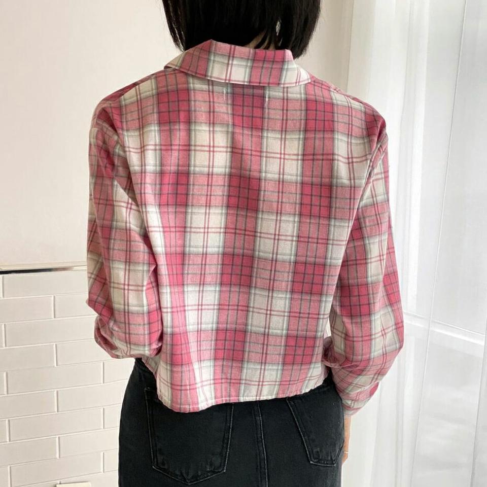 ポケットチェッククロップドシャツ・p004412 レディース 【bl】 韓国ファッション トップス シャツ カラーネック 長袖 クロップド ポケット チャック柄 ゆったり ガーリー カラフル パステル キュート 春 夏 カジュアル MKT