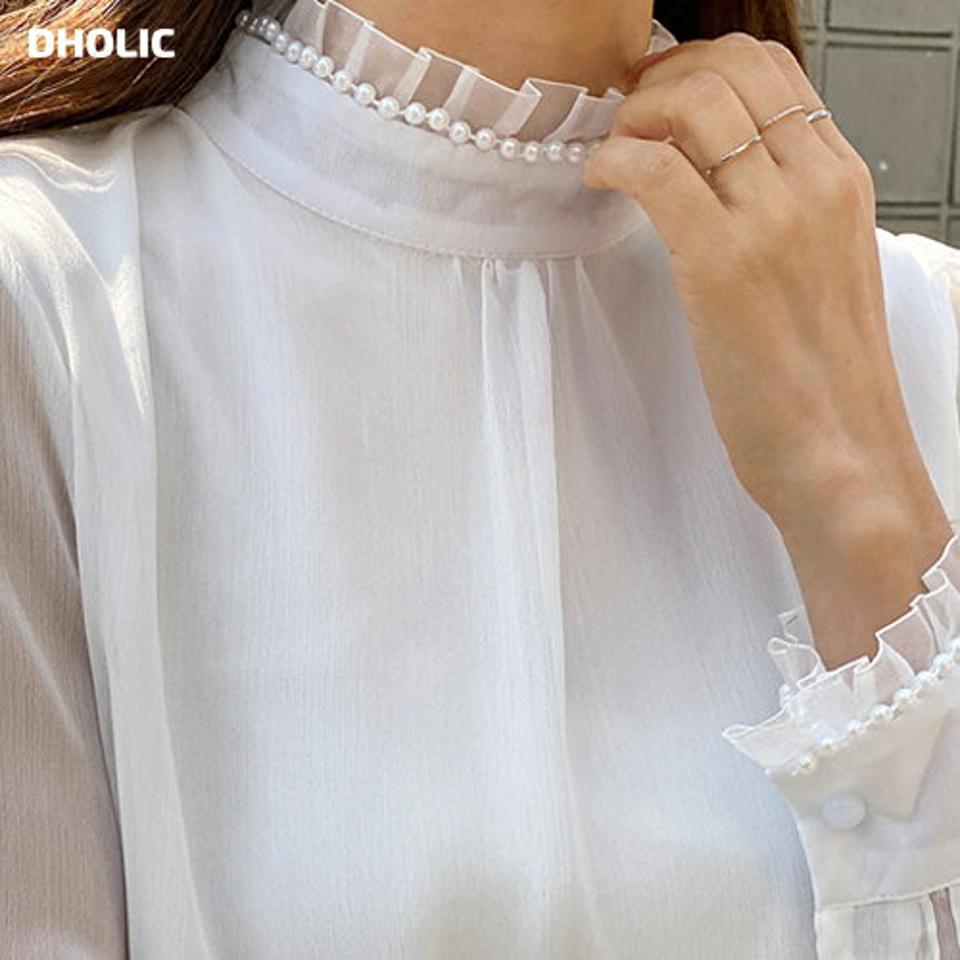 フェイクパールシフォンブラウス・b00657 レディース 【bl】 韓国ファッション トップス ブラウス ハイネック レースヘム 長袖 フェイクパール シフォン シアー 透け感 ナチュラルライン 無地 お出かけ デート 上品 春 夏 カジュアル