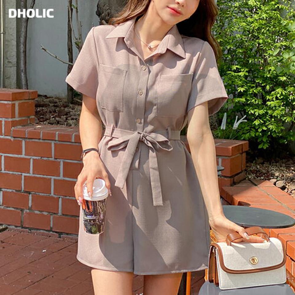 ストラップ付ショートオールインワン・t00666 レディース 【pt】 韓国ファッション オールインワン パンツ カラーネック ショート丈 半袖 ストラップ付 ワイド ナチュラルライン 無地 モード キュート デイリー お出かけ 春 夏 カジュアル