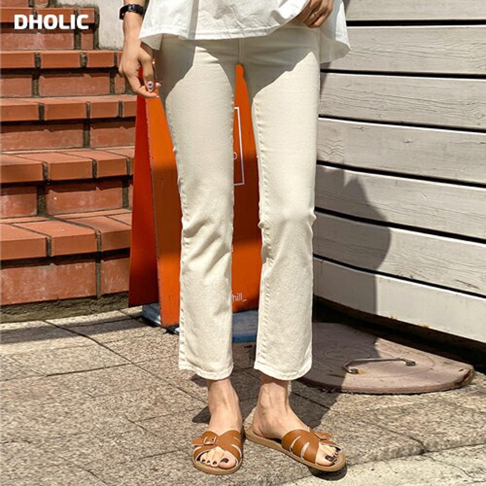 スリムストレートパンツ・t00670 レディース 【pt】 韓国ファッション ボトムス パンツ ロング丈 9分丈 ハイウエスト スリムフィット ストレート コットン 伸縮 伸びる 無地 シンプル ベーシック デイリー 春 夏 カジュアル