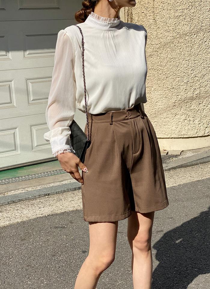 タックイージーショートパンツ・b00673 レディース 【pt】 韓国ファッション ボトス パンツ ショート丈 ハイウエスト タック イージー バックウエストゴム ワイド ストレート 無地 シンプル キュート デイリー 春 夏 カジュアル