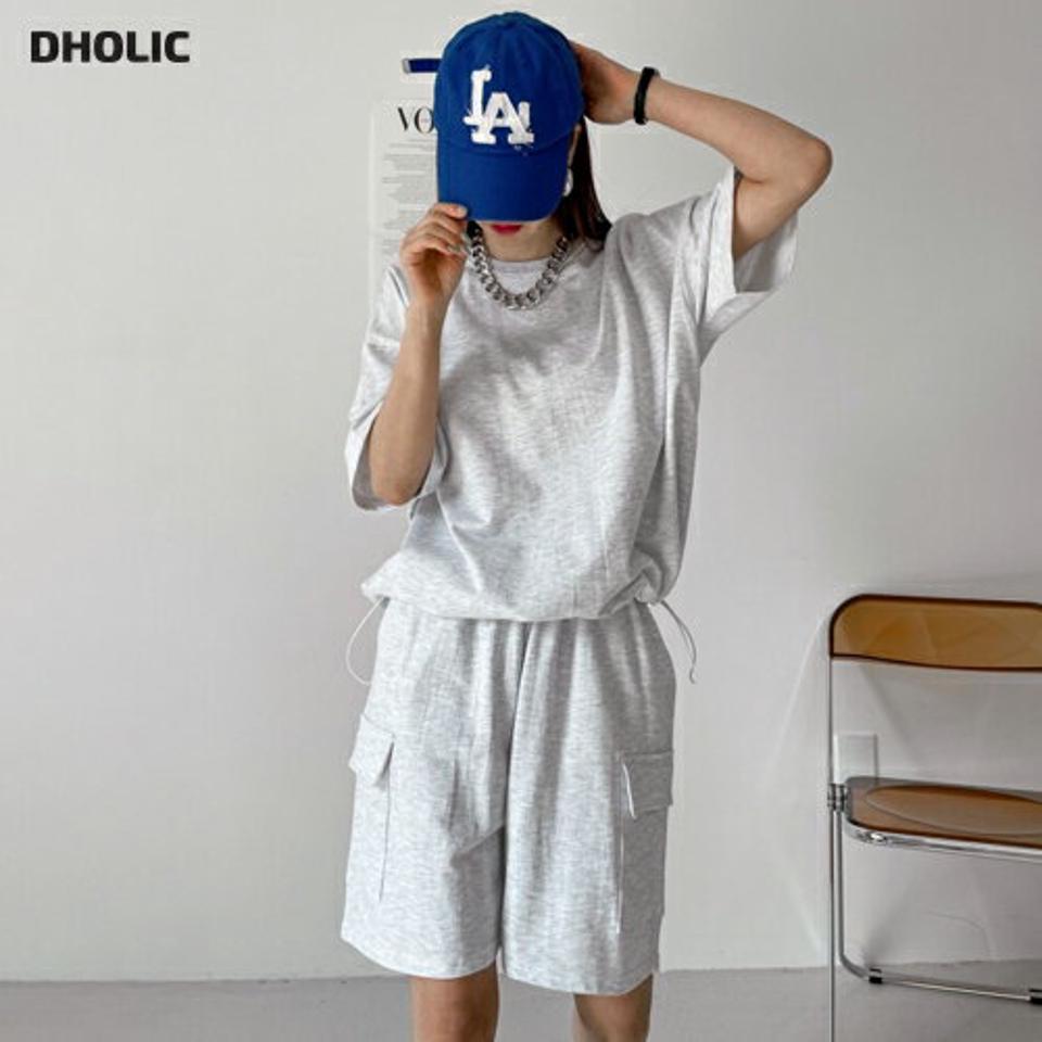 【マラソン特価】ドローコードTシャツ&カーゴハーフパンツSET・p004523 レディース 【pt】 韓国ファッション セットアップ Tシャツ ラウンドネック 半袖 ドローコード ゆったり 無地 パンツ カーゴ ハーフ丈 ワイド ウエストゴム デイリー 春 夏 カジュアル MKT セール