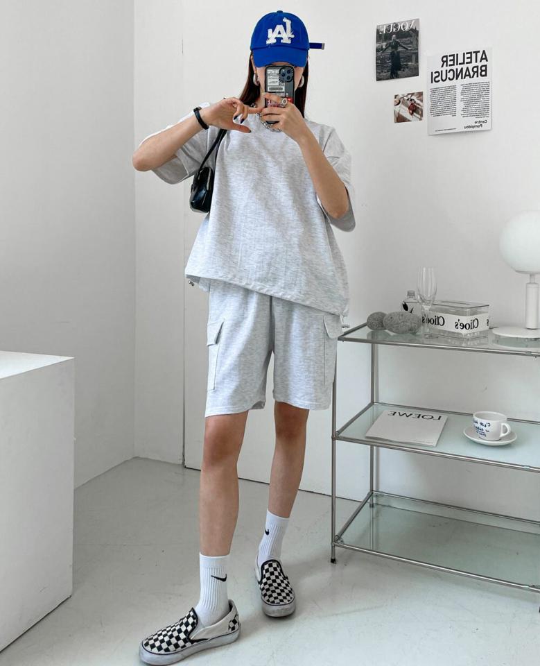 【マラソン特価】ドローコードTシャツ&カーゴハーフパンツSET・p004523 レディース 【pt】 韓国ファッション セットアップ Tシャツ ラウンドネック 半袖 ドローコード ゆったり 無地 パンツ カーゴ ハーフ丈 ワイド ウエストゴム デイリー 春 夏 カジュアル MKT セール