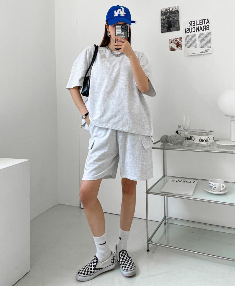 【マラソン特価】ドローコードTシャツ&カーゴハーフパンツSET・p004523 レディース 【pt】 韓国ファッション セットアップ Tシャツ ラウンドネック 半袖 ドローコード ゆったり 無地 パンツ カーゴ ハーフ丈 ワイド ウエストゴム デイリー 春 夏 カジュアル MKT セール