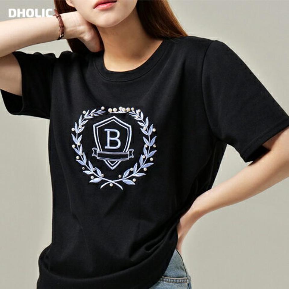 Bエンブレム刺繍半袖Tシャツ・b00705 レディース 【tops】 韓国ファッション トップス Tシャツ ラウンドネック 半袖 股丈 エンブレム B アルファベット ロゴ ナチュラルライン シンプル ベーシック デイリー 学校 春 夏 カジュアル
