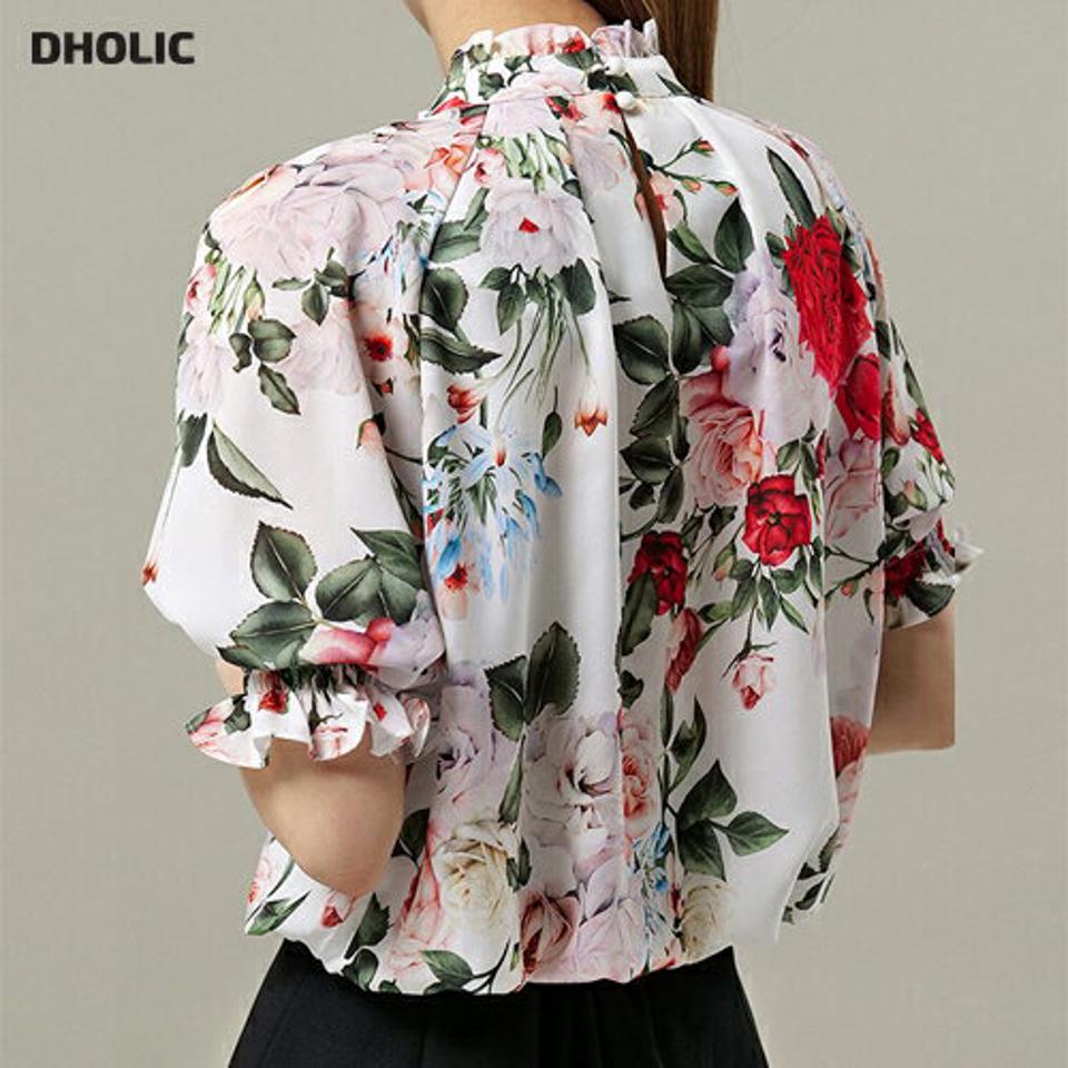 花柄シャーリング半袖ブラウス・b00718 レディース 【bl】 韓国ファッション トップス ブラウス ハイネック フリル 半袖 パフスリーブ 花柄 フラワー シャーリング ボリューム カラフル スモーキング 大人 キュート 春 夏 カジュアル