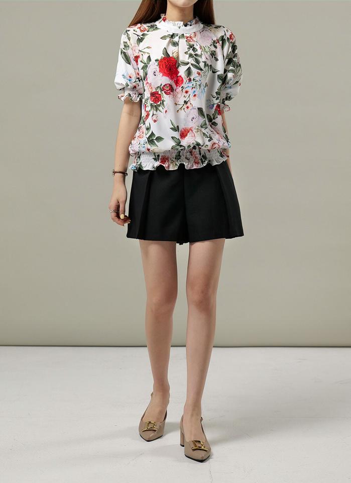 花柄シャーリング半袖ブラウス・b00718 レディース 【bl】 韓国ファッション トップス ブラウス ハイネック フリル 半袖 パフスリーブ 花柄 フラワー シャーリング ボリューム カラフル スモーキング 大人 キュート 春 夏 カジュアル
