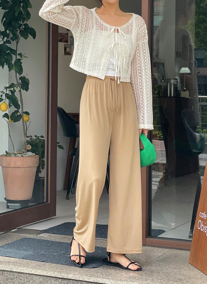 ドロストイージーワイドパンツ・r72182 レディース 【pt】 韓国ファッション ボトムス パンツ ロング丈 ハイウエスト ドロスト リボン ストラップ ワイド イージー ウエストゴム ルーズフィット 無地 大人カジュアル 春 夏 カジュアル