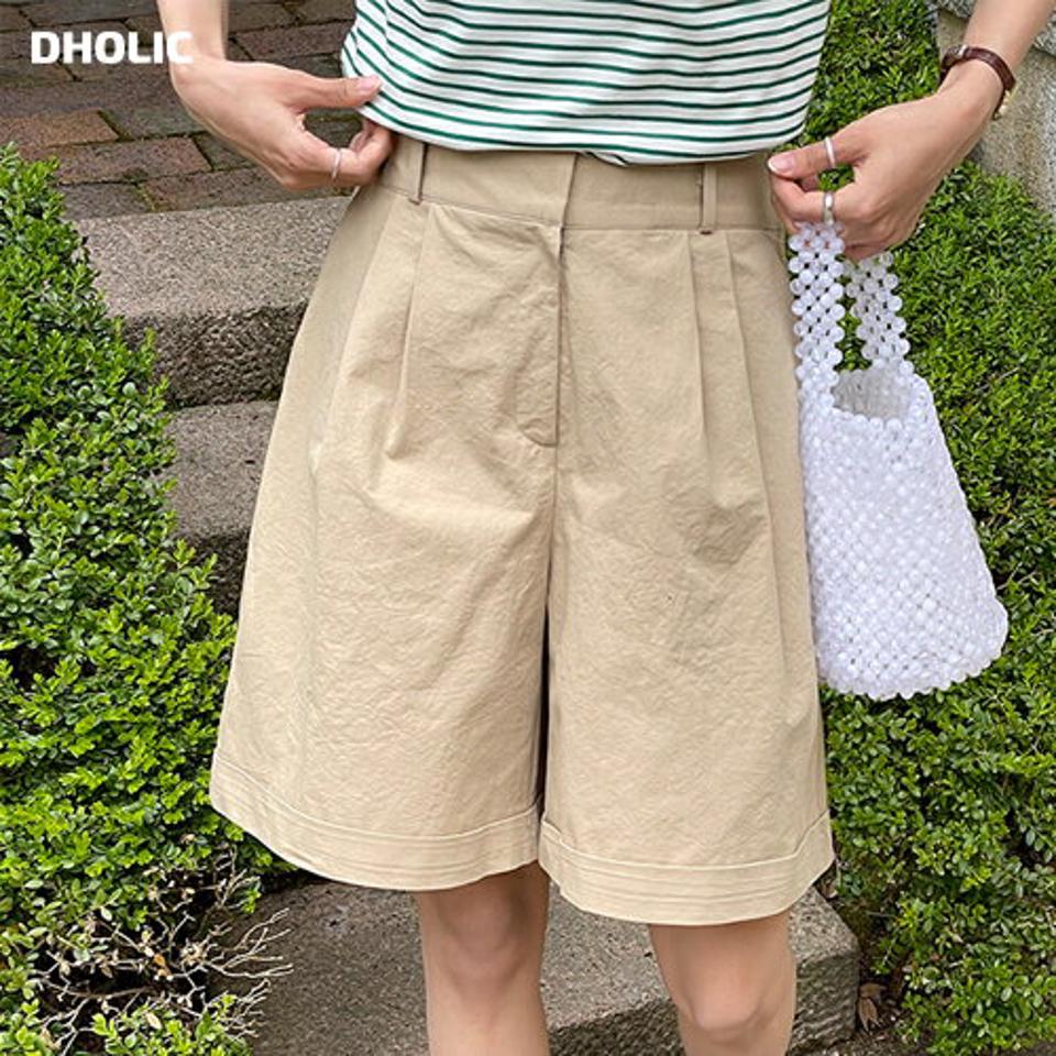 ロールアップショートパンツ・r72191 レディース 【pt】 韓国ファッション ボトムス パンツ ハーフ丈 ハイウエスト ロールアップ タック ワイド ストレート ルーズ コットン 綿100 無地 大人カジュアル デイリー シンプル 春 夏 カジュアル