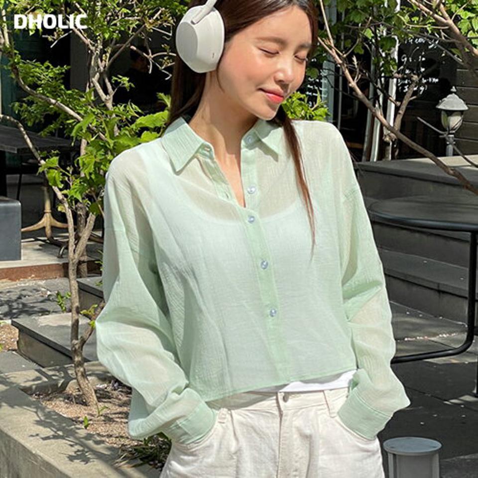 シアークロップド半袖シャツ・t00533 レディース 【bl】 韓国ファッション トップス シャツ カラーネック 長袖 クロップド コットン 綿100 シアー 透け感 ルーズフィット 無地 パステル ストリート ガーリー 春 夏 カジュアル