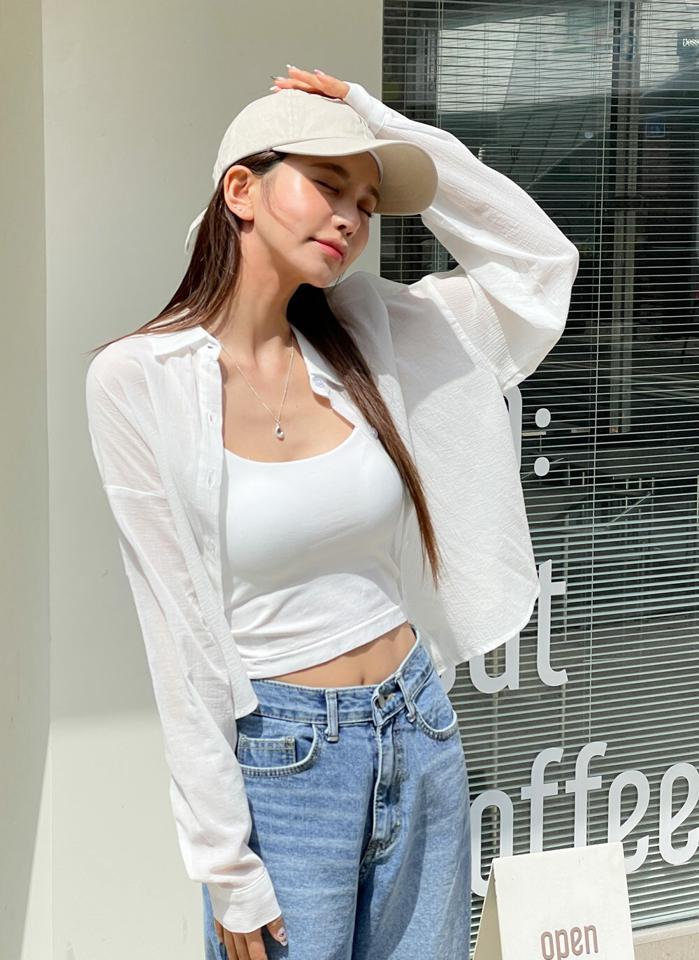 シアークロップド半袖シャツ・t00533 レディース 【bl】 韓国ファッション トップス シャツ カラーネック 長袖 クロップド コットン 綿100 シアー 透け感 ルーズフィット 無地 パステル ストリート ガーリー 春 夏 カジュアル