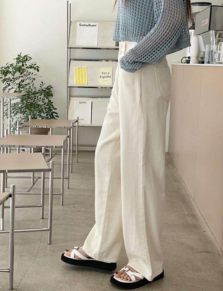 ツーボタンコットンワイドパンツ・t00554 レディース 【pt】 韓国ファッション ボトムス パンツ ロング丈 フルレングス ハイウエスト ツーボタン コットン 綿100 ワイド ルーズフィット 無地 シンプル デイリー 春 夏 カジュアル