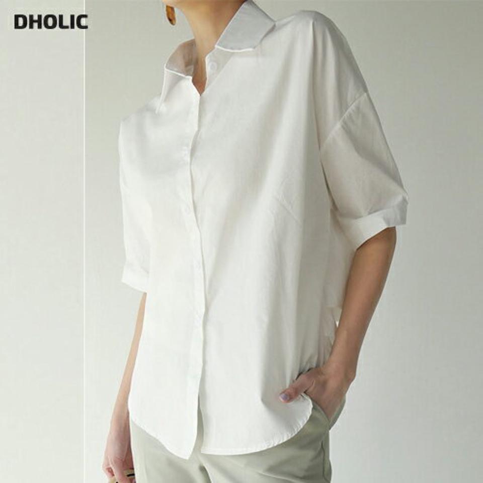 バックツイストスリットシャツ・b00623 レディース 【bl】 韓国ファッション トップス シャツ カラーネック 半袖 ドロップショルダー バックツイスト スリット ナチュラルライン 無地 モード 大人 お出かけ 春 夏 カジュアル