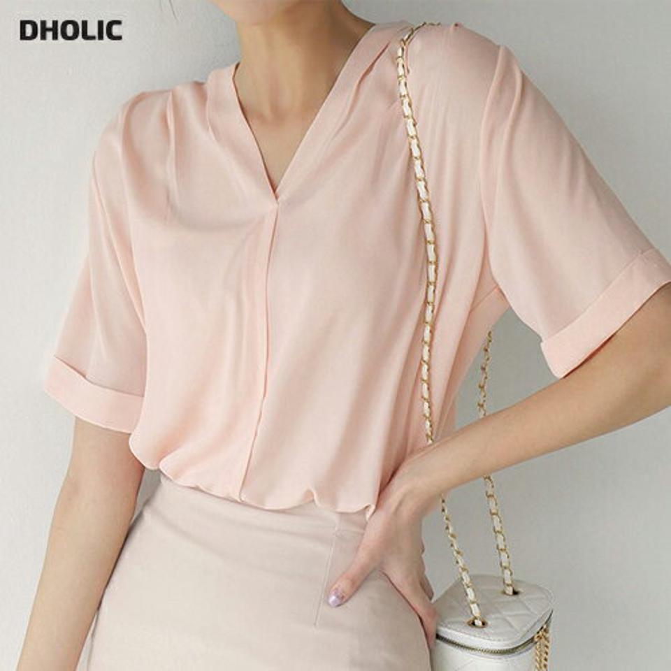 【4DAY限定SALE】Vネックタックシアーブラウス・b00626 レディース 【bl】 韓国ファッション トップス ブラウス Vネック 半袖 クロップド タック ナチュラルライン シアー 透け感 無地 オフィスカジュアル パステル モード シンプル 春 夏 カジュアル