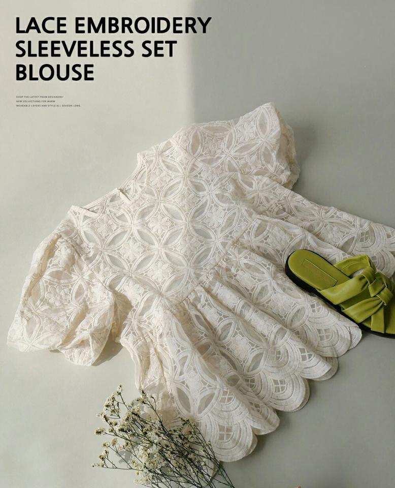 キャミ付刺繍花柄レースブラウス・b00620 レディース 【bl】 韓国ファッション トップス ブラウス ラウンドネック 半袖 パフスリーブ 股丈 キャミ付 花柄 刺? フラワー シアー ボリューム フレアヘム お出かけ モード 上品 春 夏 カジュアル