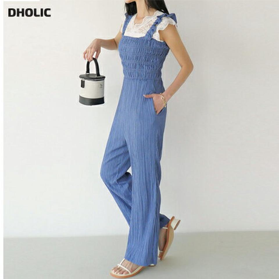 フリルリンクルオールインワン・t00636 レディース 【pt】 韓国ファッション オールインワン パンツ スクエアネック ノースリーブ ロング丈 フリル リンクル スモーキング ワイドネック ガーリー キュート 大人 春 夏 カジュアル