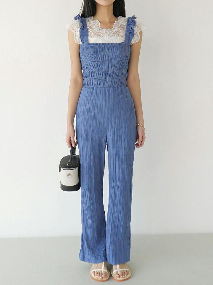 フリルリンクルオールインワン・t00636 レディース 【pt】 韓国ファッション オールインワン パンツ スクエアネック ノースリーブ ロング丈 フリル リンクル スモーキング ワイドネック ガーリー キュート 大人 春 夏 カジュアル